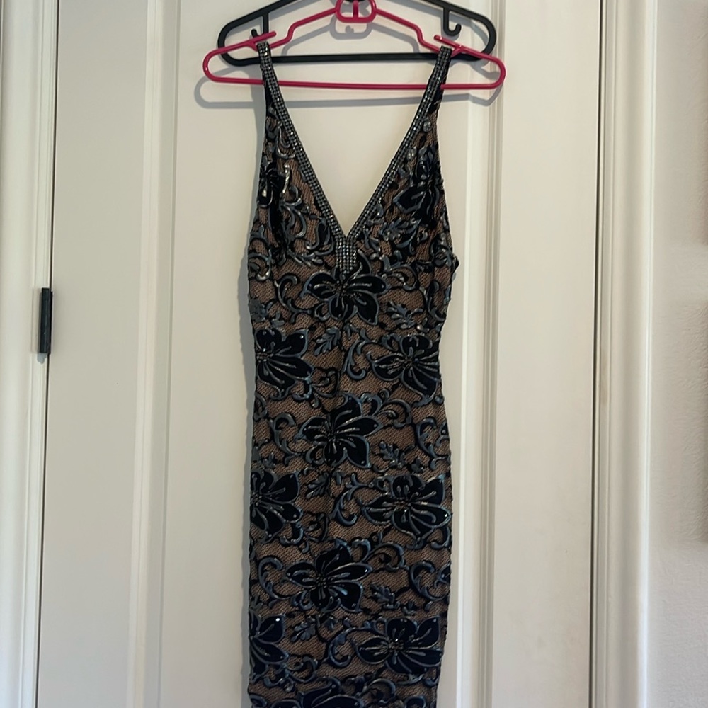 Textured Formal Short Dress with Rhinestones